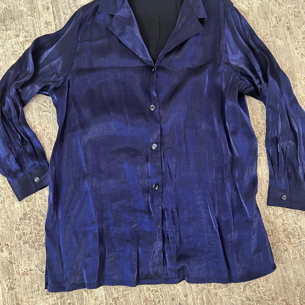 Style Studio Women’s 1X Button Front Shirt Dark Purple Shimmer Vintage Long Slv